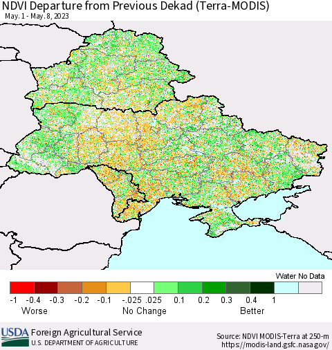 Ukraine, Moldova and Belarus NDVI Departure from Previous Dekad (Terra-MODIS) Thematic Map For 5/1/2023 - 5/10/2023