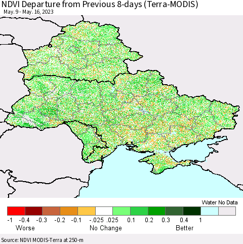 Ukraine, Moldova and Belarus NDVI Departure from Previous 8-days (Terra-MODIS) Thematic Map For 5/9/2023 - 5/16/2023