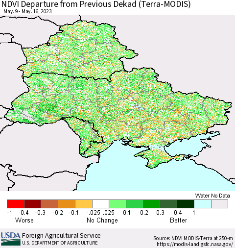 Ukraine, Moldova and Belarus NDVI Departure from Previous Dekad (Terra-MODIS) Thematic Map For 5/11/2023 - 5/20/2023