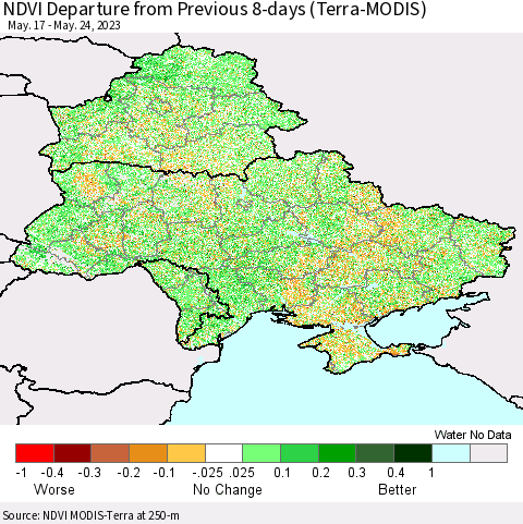 Ukraine, Moldova and Belarus NDVI Departure from Previous 8-days (Terra-MODIS) Thematic Map For 5/17/2023 - 5/24/2023