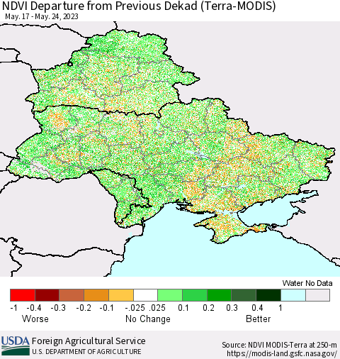 Ukraine, Moldova and Belarus NDVI Departure from Previous Dekad (Terra-MODIS) Thematic Map For 5/21/2023 - 5/31/2023