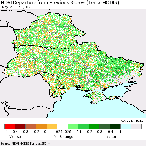Ukraine, Moldova and Belarus NDVI Departure from Previous 8-days (Terra-MODIS) Thematic Map For 5/25/2023 - 6/1/2023