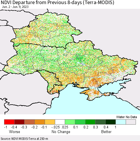 Ukraine, Moldova and Belarus NDVI Departure from Previous 8-days (Terra-MODIS) Thematic Map For 6/2/2023 - 6/9/2023