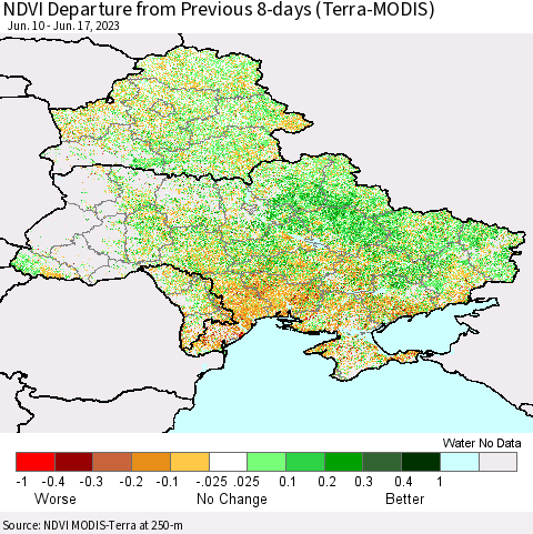 Ukraine, Moldova and Belarus NDVI Departure from Previous 8-days (Terra-MODIS) Thematic Map For 6/10/2023 - 6/17/2023