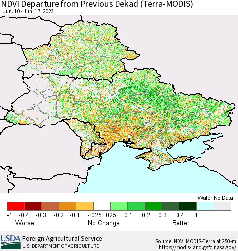Ukraine, Moldova and Belarus NDVI Departure from Previous Dekad (Terra-MODIS) Thematic Map For 6/11/2023 - 6/20/2023