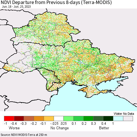 Ukraine, Moldova and Belarus NDVI Departure from Previous 8-days (Terra-MODIS) Thematic Map For 6/18/2023 - 6/25/2023