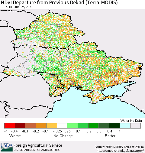 Ukraine, Moldova and Belarus NDVI Departure from Previous Dekad (Terra-MODIS) Thematic Map For 6/21/2023 - 6/30/2023