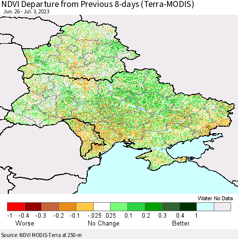 Ukraine, Moldova and Belarus NDVI Departure from Previous 8-days (Terra-MODIS) Thematic Map For 6/26/2023 - 7/3/2023