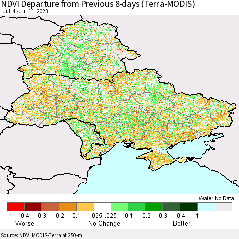Ukraine, Moldova and Belarus NDVI Departure from Previous 8-days (Terra-MODIS) Thematic Map For 7/4/2023 - 7/11/2023