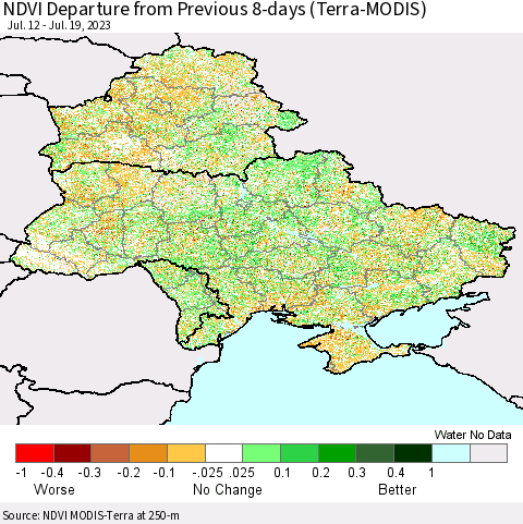 Ukraine, Moldova and Belarus NDVI Departure from Previous 8-days (Terra-MODIS) Thematic Map For 7/12/2023 - 7/19/2023