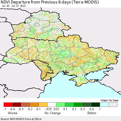 Ukraine, Moldova and Belarus NDVI Departure from Previous 8-days (Terra-MODIS) Thematic Map For 7/20/2023 - 7/27/2023
