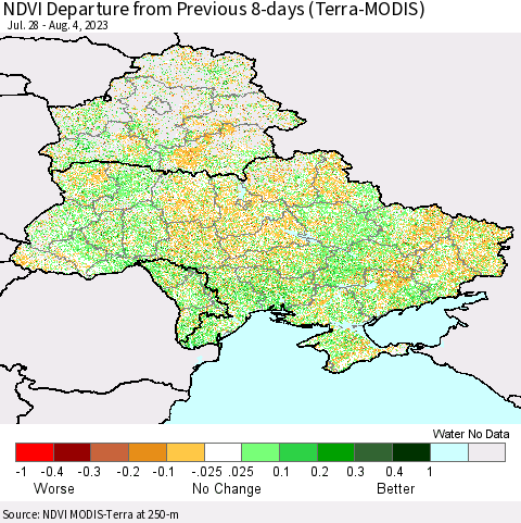 Ukraine, Moldova and Belarus NDVI Departure from Previous 8-days (Terra-MODIS) Thematic Map For 7/28/2023 - 8/4/2023