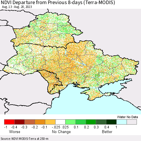 Ukraine, Moldova and Belarus NDVI Departure from Previous Dekad (Terra-MODIS) Thematic Map For 8/11/2023 - 8/20/2023
