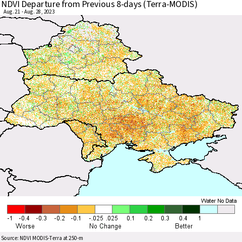 Ukraine, Moldova and Belarus NDVI Departure from Previous 8-days (Terra-MODIS) Thematic Map For 8/21/2023 - 8/28/2023