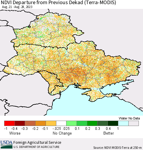 Ukraine, Moldova and Belarus NDVI Departure from Previous Dekad (Terra-MODIS) Thematic Map For 8/21/2023 - 8/31/2023