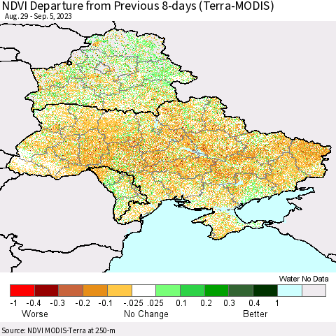 Ukraine, Moldova and Belarus NDVI Departure from Previous 8-days (Terra-MODIS) Thematic Map For 8/29/2023 - 9/5/2023