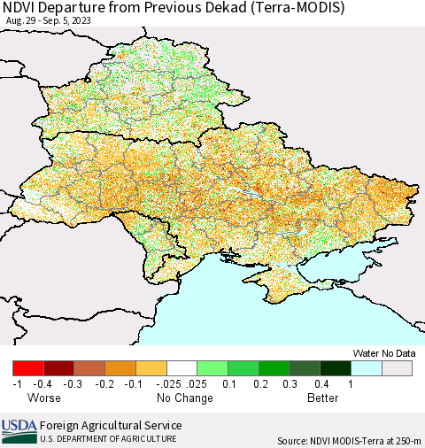Ukraine, Moldova and Belarus NDVI Departure from Previous Dekad (Terra-MODIS) Thematic Map For 9/1/2023 - 9/10/2023