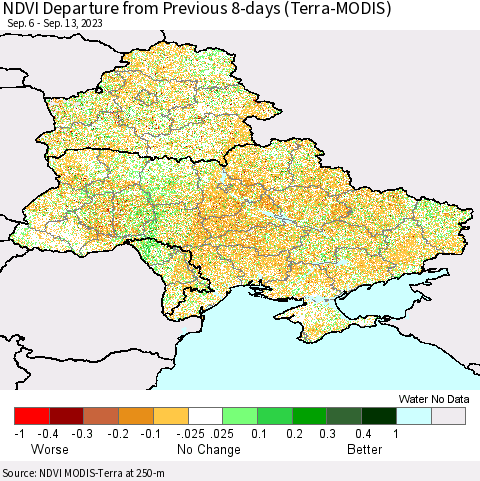 Ukraine, Moldova and Belarus NDVI Departure from Previous 8-days (Terra-MODIS) Thematic Map For 9/6/2023 - 9/13/2023