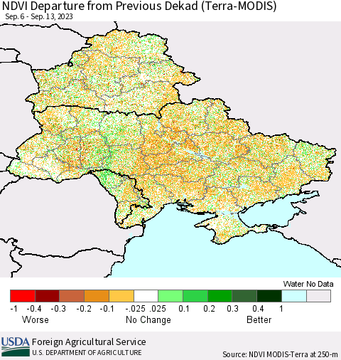Ukraine, Moldova and Belarus NDVI Departure from Previous Dekad (Terra-MODIS) Thematic Map For 9/11/2023 - 9/20/2023