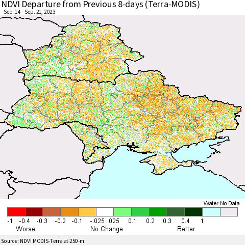 Ukraine, Moldova and Belarus NDVI Departure from Previous 8-days (Terra-MODIS) Thematic Map For 9/14/2023 - 9/21/2023