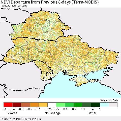 Ukraine, Moldova and Belarus NDVI Departure from Previous 8-days (Terra-MODIS) Thematic Map For 9/22/2023 - 9/29/2023