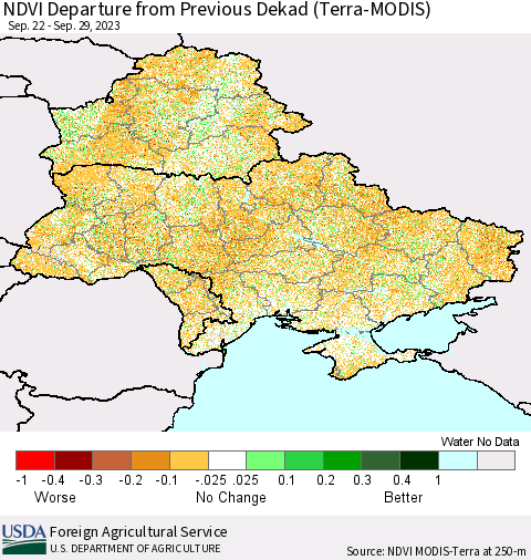 Ukraine, Moldova and Belarus NDVI Departure from Previous Dekad (Terra-MODIS) Thematic Map For 9/21/2023 - 9/30/2023