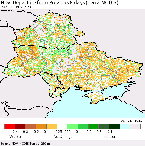 Ukraine, Moldova and Belarus NDVI Departure from Previous 8-days (Terra-MODIS) Thematic Map For 9/30/2023 - 10/7/2023