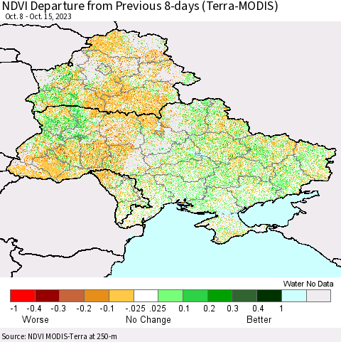 Ukraine, Moldova and Belarus NDVI Departure from Previous 8-days (Terra-MODIS) Thematic Map For 10/8/2023 - 10/15/2023