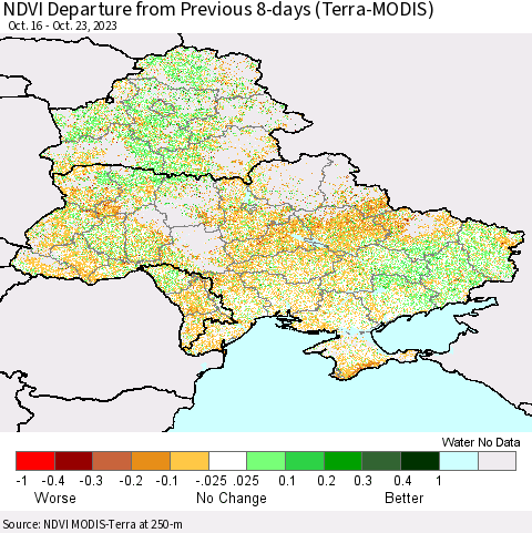 Ukraine, Moldova and Belarus NDVI Departure from Previous 8-days (Terra-MODIS) Thematic Map For 10/16/2023 - 10/23/2023