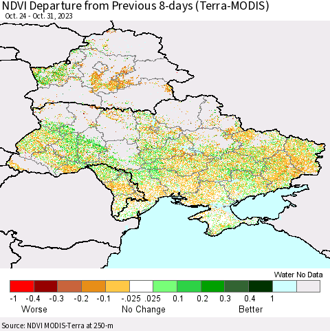 Ukraine, Moldova and Belarus NDVI Departure from Previous 8-days (Terra-MODIS) Thematic Map For 10/24/2023 - 10/31/2023