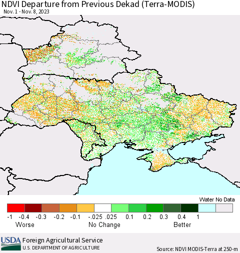 Ukraine, Moldova and Belarus NDVI Departure from Previous Dekad (Terra-MODIS) Thematic Map For 11/1/2023 - 11/10/2023
