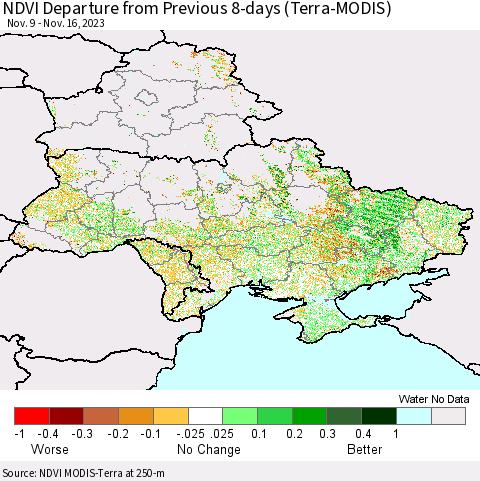 Ukraine, Moldova and Belarus NDVI Departure from Previous 8-days (Terra-MODIS) Thematic Map For 11/9/2023 - 11/16/2023