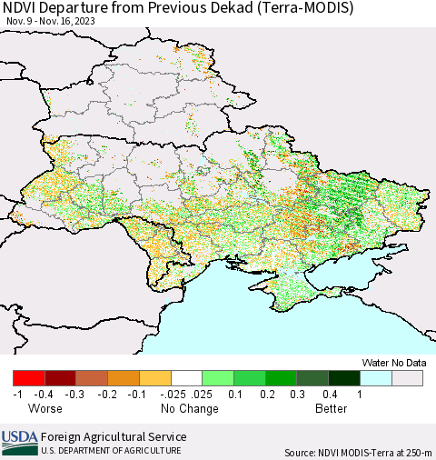 Ukraine, Moldova and Belarus NDVI Departure from Previous Dekad (Terra-MODIS) Thematic Map For 11/11/2023 - 11/20/2023