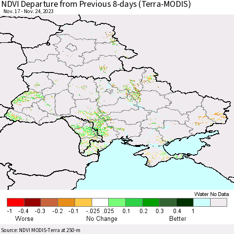 Ukraine, Moldova and Belarus NDVI Departure from Previous 8-days (Terra-MODIS) Thematic Map For 11/17/2023 - 11/24/2023