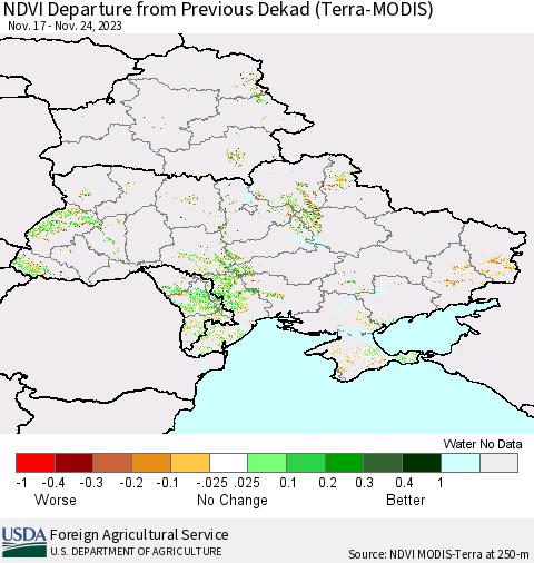 Ukraine, Moldova and Belarus NDVI Departure from Previous Dekad (Terra-MODIS) Thematic Map For 11/21/2023 - 11/30/2023