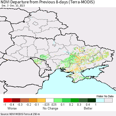 Ukraine, Moldova and Belarus NDVI Departure from Previous Dekad (Terra-MODIS) Thematic Map For 12/1/2023 - 12/10/2023