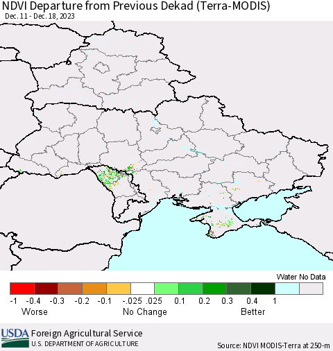 Ukraine, Moldova and Belarus NDVI Departure from Previous Dekad (Terra-MODIS) Thematic Map For 12/11/2023 - 12/20/2023