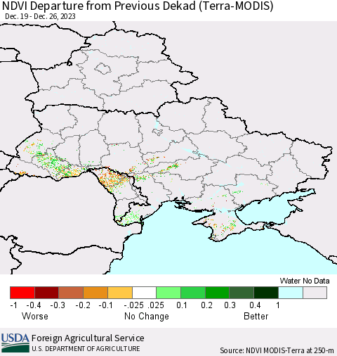 Ukraine, Moldova and Belarus NDVI Departure from Previous Dekad (Terra-MODIS) Thematic Map For 12/21/2023 - 12/31/2023