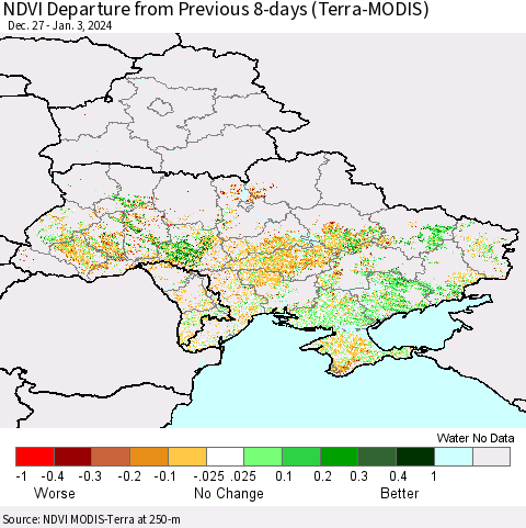Ukraine, Moldova and Belarus NDVI Departure from Previous 8-days (Terra-MODIS) Thematic Map For 12/27/2023 - 1/3/2024