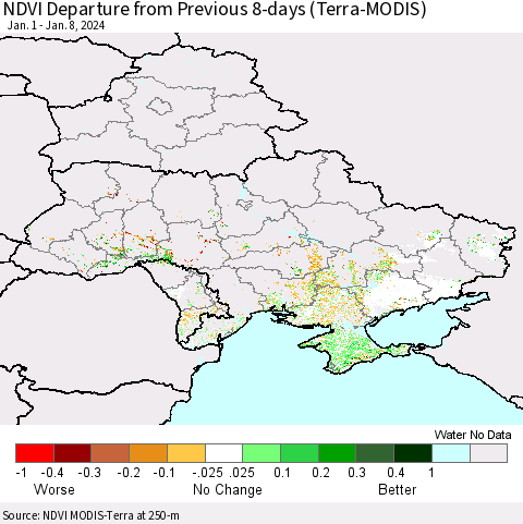Ukraine, Moldova and Belarus NDVI Departure from Previous 8-days (Terra-MODIS) Thematic Map For 1/1/2024 - 1/8/2024