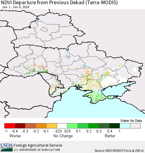Ukraine, Moldova and Belarus NDVI Departure from Previous Dekad (Terra-MODIS) Thematic Map For 1/1/2024 - 1/10/2024
