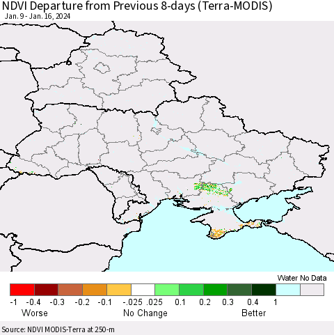 Ukraine, Moldova and Belarus NDVI Departure from Previous 8-days (Terra-MODIS) Thematic Map For 1/9/2024 - 1/16/2024