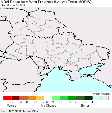 Ukraine, Moldova and Belarus NDVI Departure from Previous 8-days (Terra-MODIS) Thematic Map For 1/17/2024 - 1/24/2024
