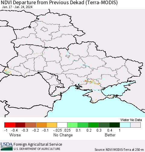 Ukraine, Moldova and Belarus NDVI Departure from Previous Dekad (Terra-MODIS) Thematic Map For 1/21/2024 - 1/31/2024