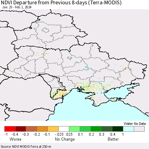 Ukraine, Moldova and Belarus NDVI Departure from Previous 8-days (Terra-MODIS) Thematic Map For 1/25/2024 - 2/1/2024
