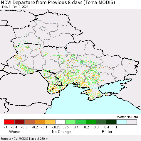 Ukraine, Moldova and Belarus NDVI Departure from Previous 8-days (Terra-MODIS) Thematic Map For 2/2/2024 - 2/9/2024