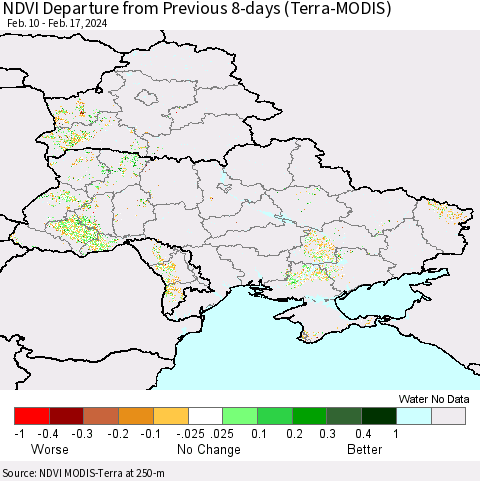 Ukraine, Moldova and Belarus NDVI Departure from Previous 8-days (Terra-MODIS) Thematic Map For 2/10/2024 - 2/17/2024