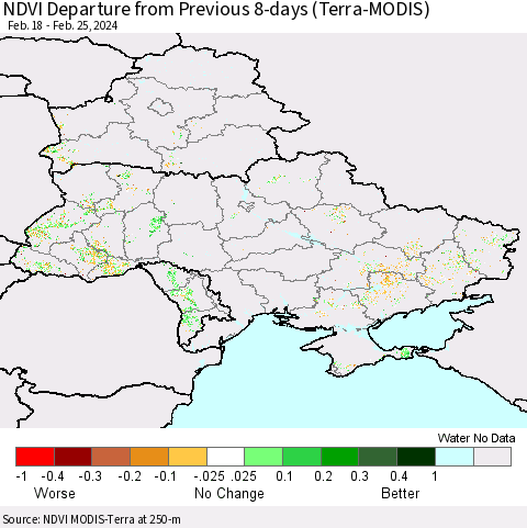 Ukraine, Moldova and Belarus NDVI Departure from Previous 8-days (Terra-MODIS) Thematic Map For 2/18/2024 - 2/25/2024