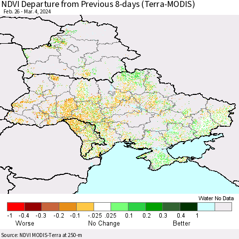 Ukraine, Moldova and Belarus NDVI Departure from Previous 8-days (Terra-MODIS) Thematic Map For 2/26/2024 - 3/4/2024