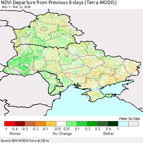 Ukraine, Moldova and Belarus NDVI Departure from Previous 8-days (Terra-MODIS) Thematic Map For 3/5/2024 - 3/12/2024